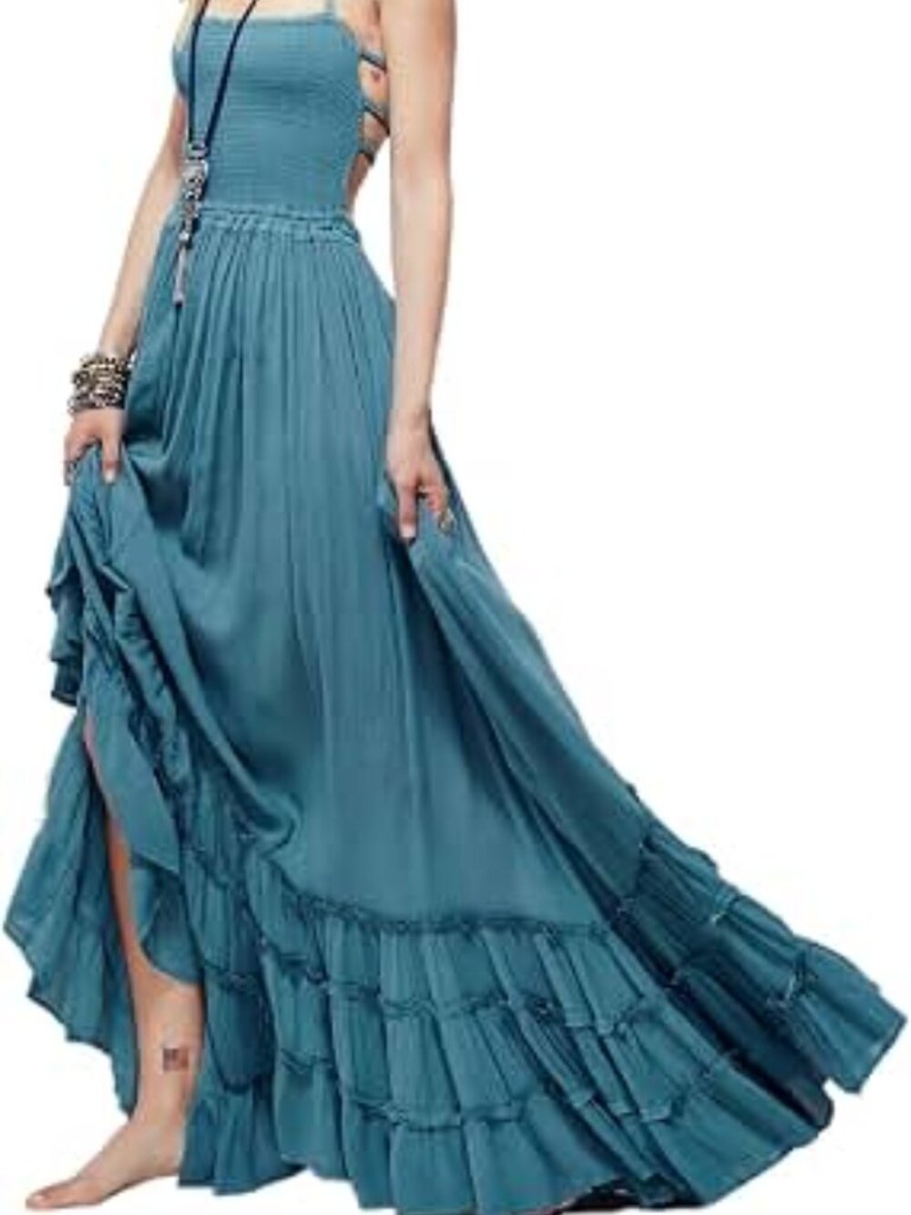 R. Vivimos Blue Boho backless halter maxi dress with ruffle tiered hem
